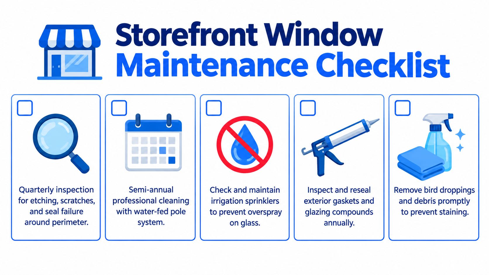 A maintenance checklist for commercial storefront windows featuring five essential tasks for long-term glass care.