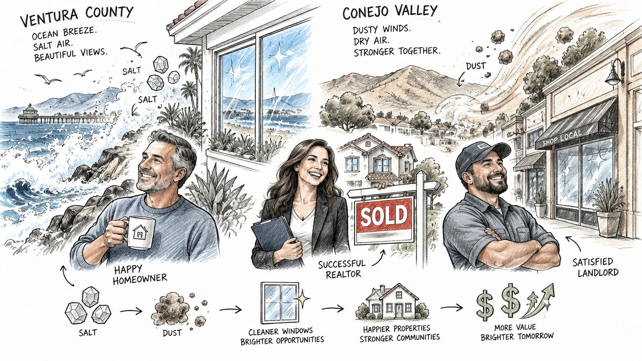 A professional illustration showing the benefits of window cleaning for homes in coastal and inland communities.