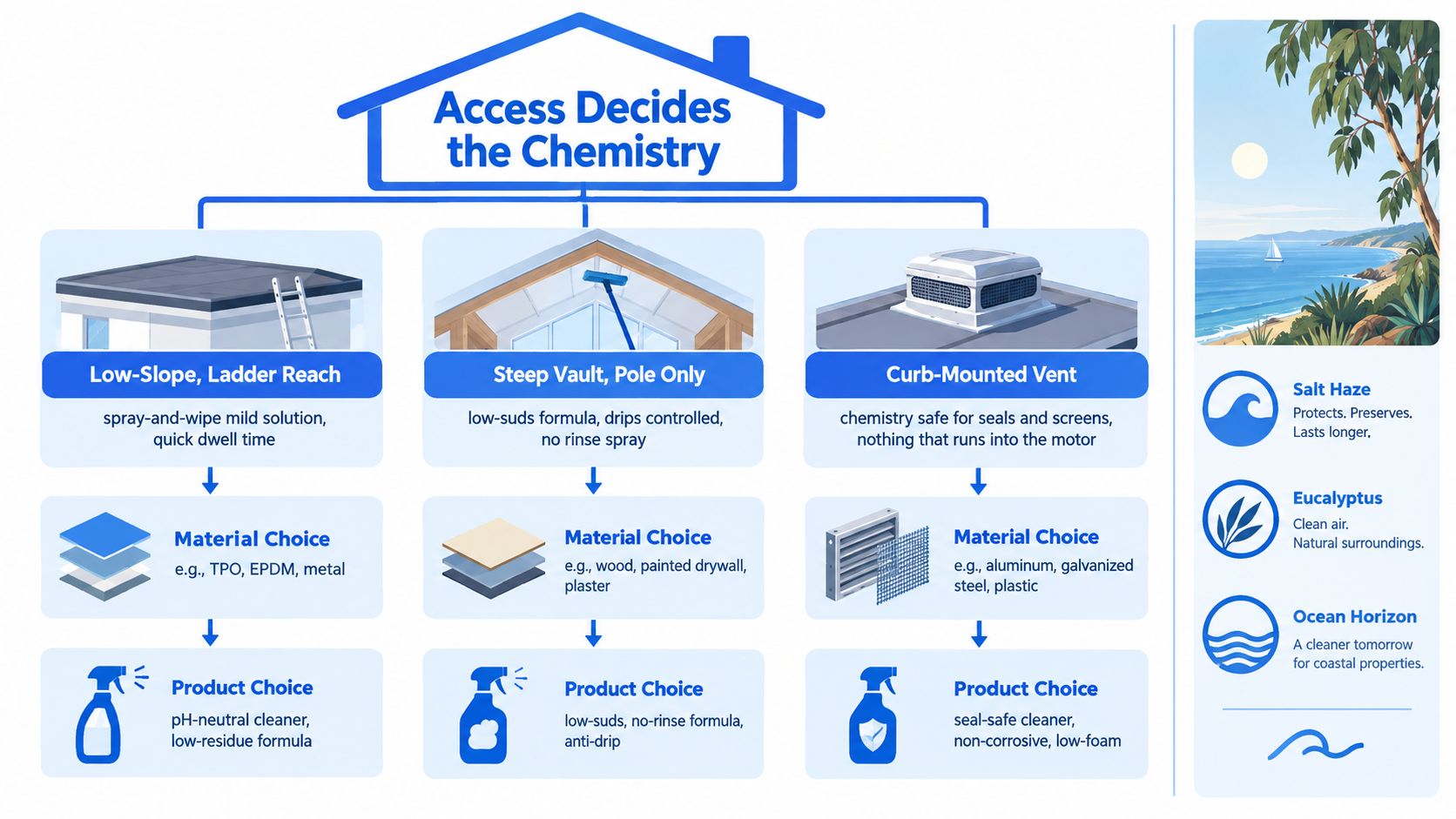 A diagram illustrating how access type and materials influence the choice of cleaning solutions for various skylights.