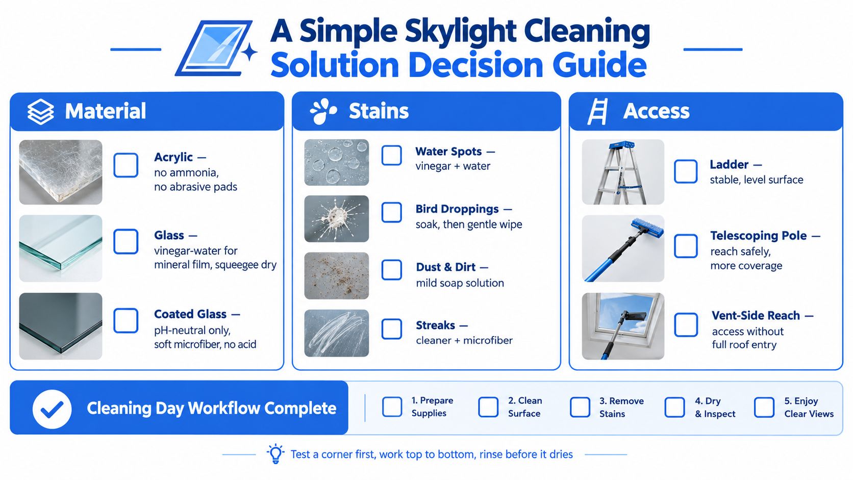 A decision guide infographic for selecting materials, addressing specific stains, and choosing safe access for cleaning skylights.