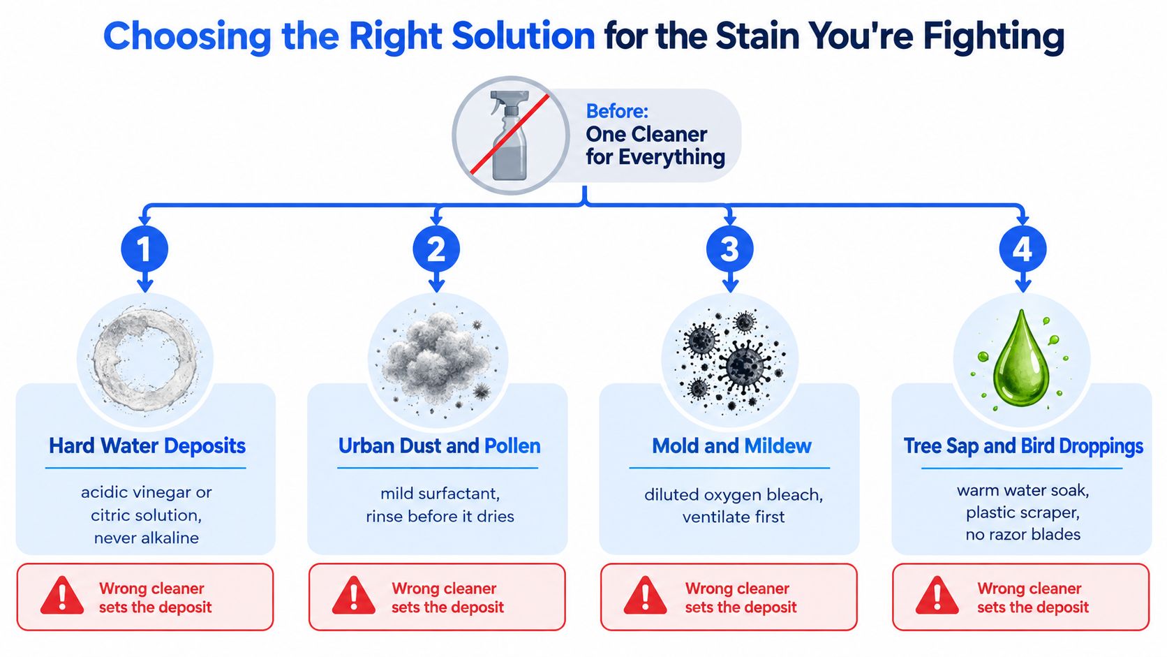 A helpful infographic guide explaining the best cleaning solutions for common stains like hard water, pollen, and mold.