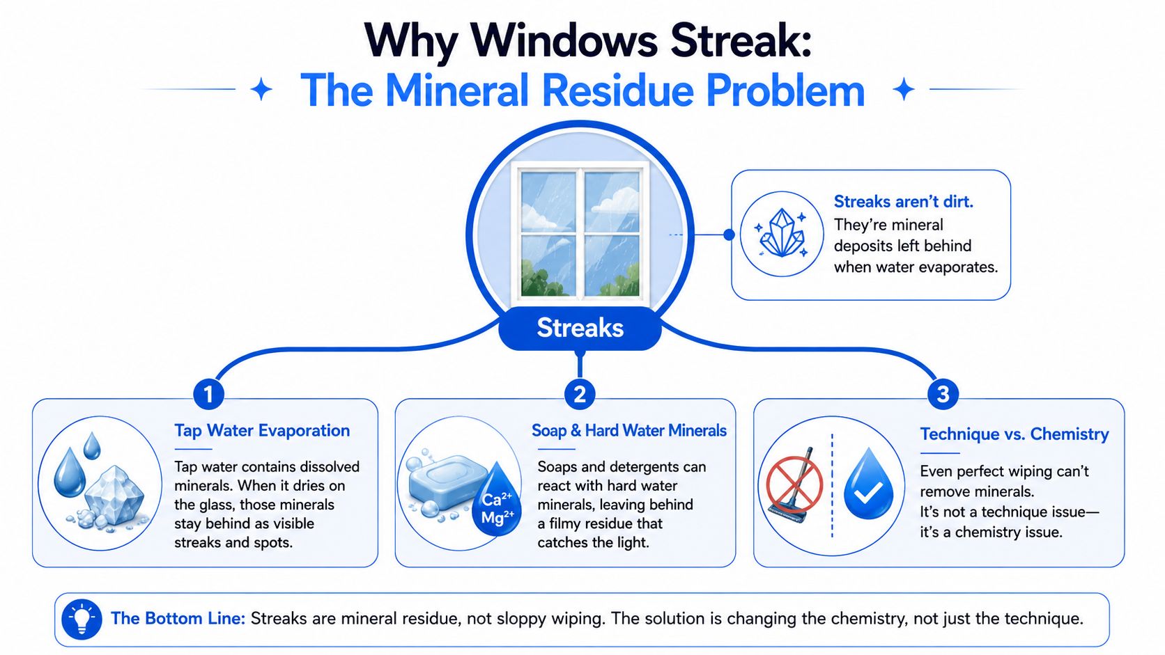 An infographic explaining why windows streak, identifying mineral residues from water as the primary cause instead of poor cleaning.
