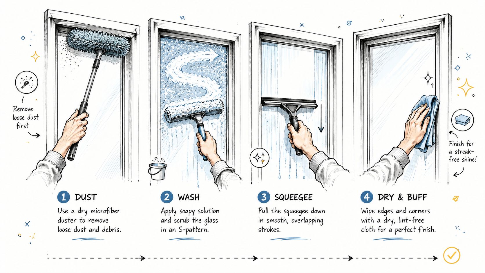 A four-step infographic illustrating the professional method for cleaning windows to achieve a streak-free, clear finish.
