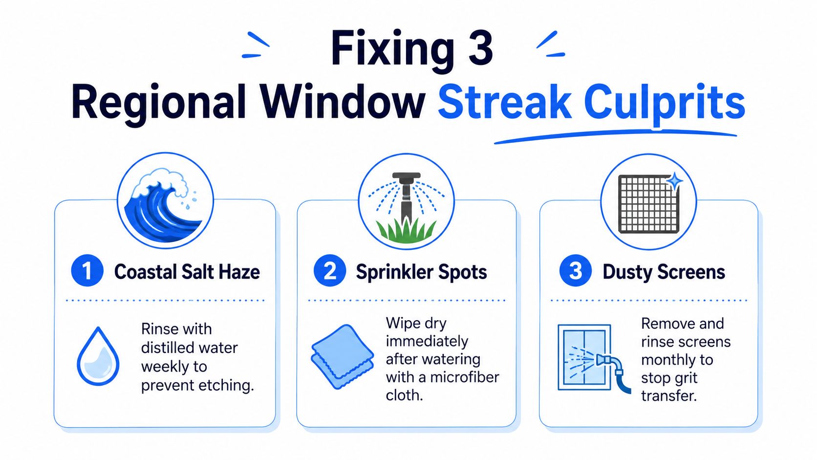 An infographic showing three ways to clean common causes of window streaks including salt, sprinklers, and screens.