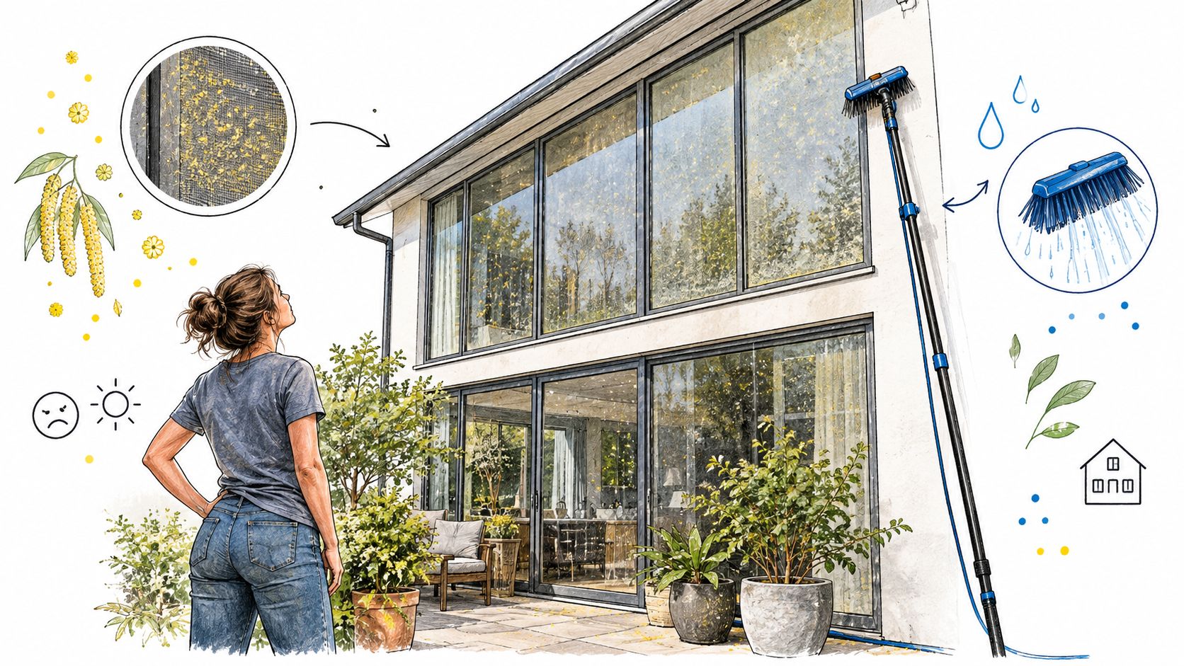 A woman looks at her house windows covered in yellow pollen, while using a water-fed cleaning brush.